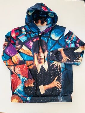 Wednesday Addams Stained Glass Pullover Hoodie Multicolor Print Small Netflix